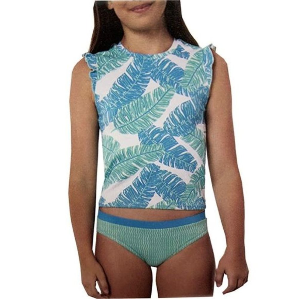 Hang Ten Big Kid Girls Top And Bikini Rash Guard 2 Piece Set,White,New With Tag